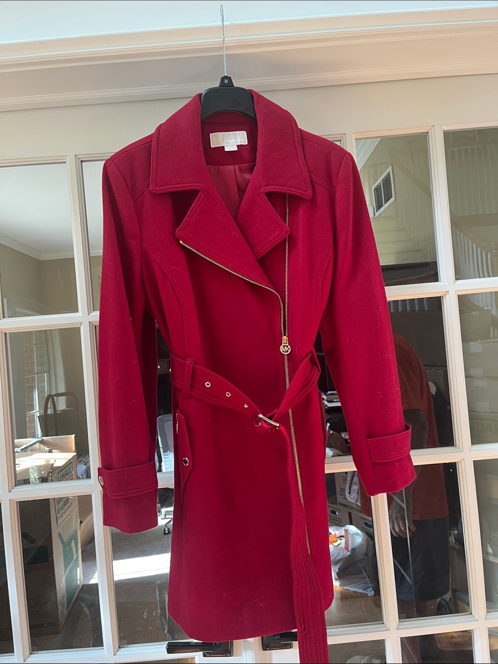 Michael Kors Ruby Red Asymmetric Zip Belted Trench Coat